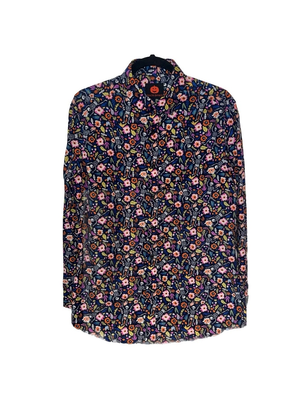 Skeleton Floral Long-Sleeve Button-Down Shirt with Pink & Orange Blooms